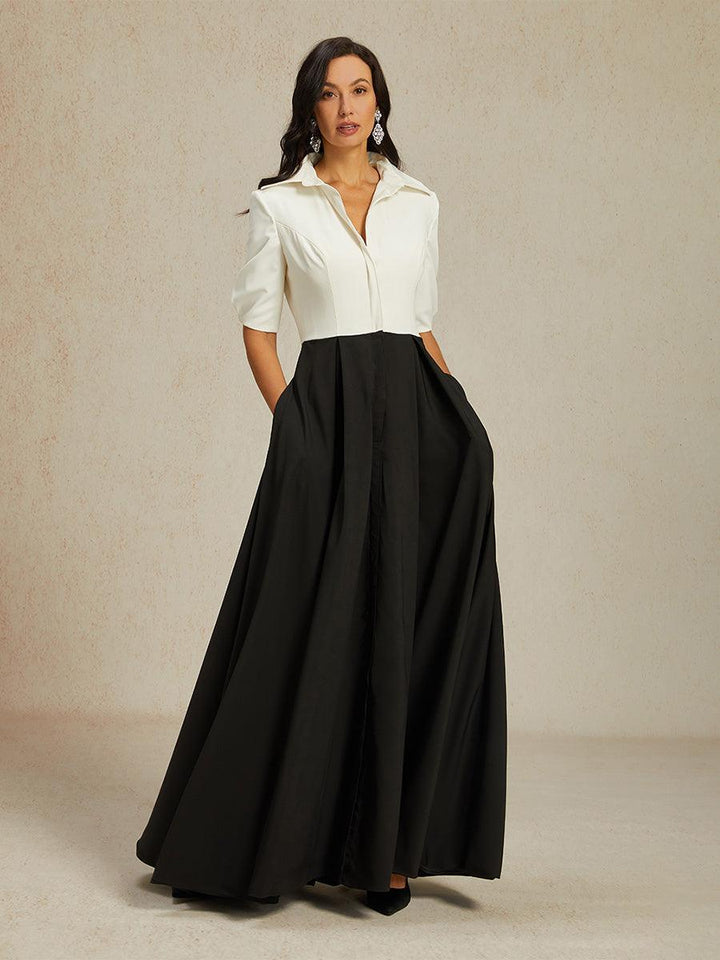 Formal Black & White Stretch Taffeta Maxi Dress