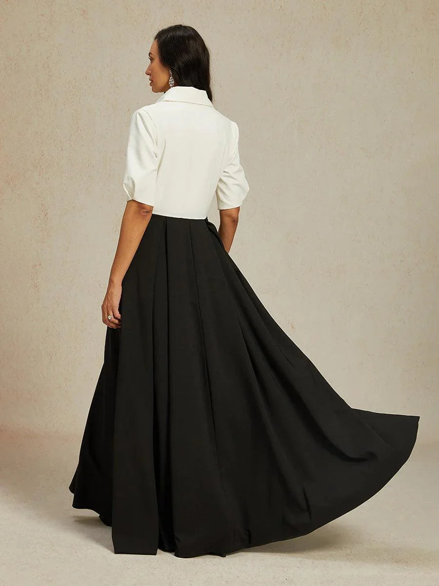 Formal Black & White Stretch Taffeta Maxi Dress