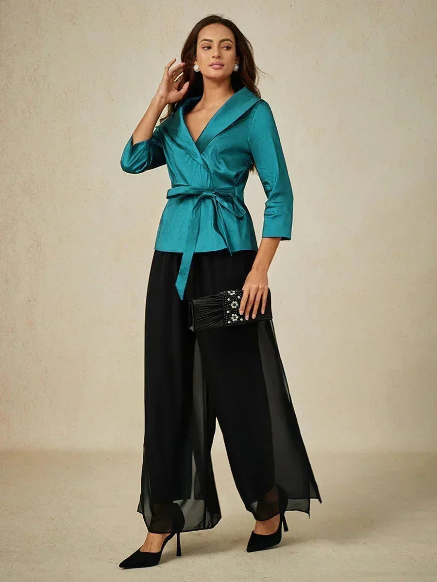 3/4 Sleeve Stretch Taffeta Blouse with Tie Waist Detail
