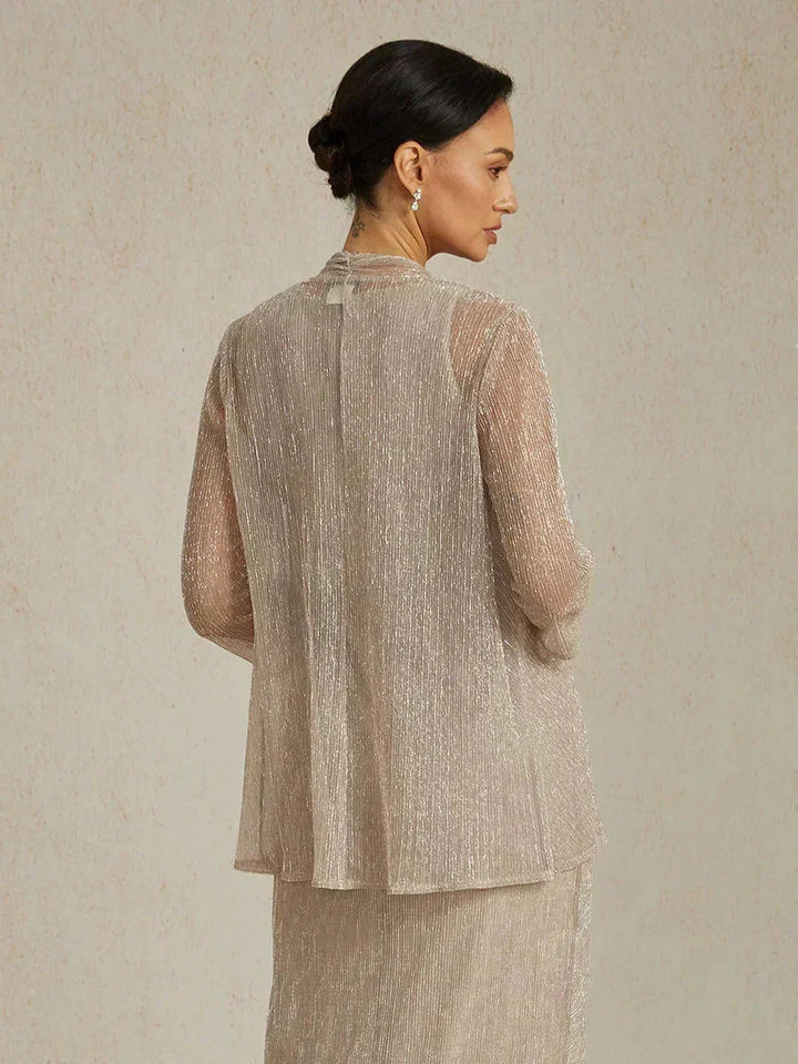 Metallic Pleated Chiffon Long Jacket with Layered Design