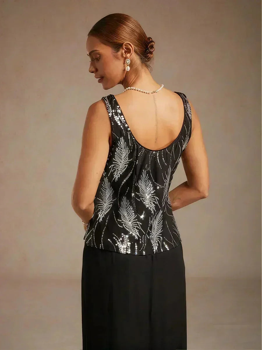 Elegant Mandarin Collar Sequin Twinset