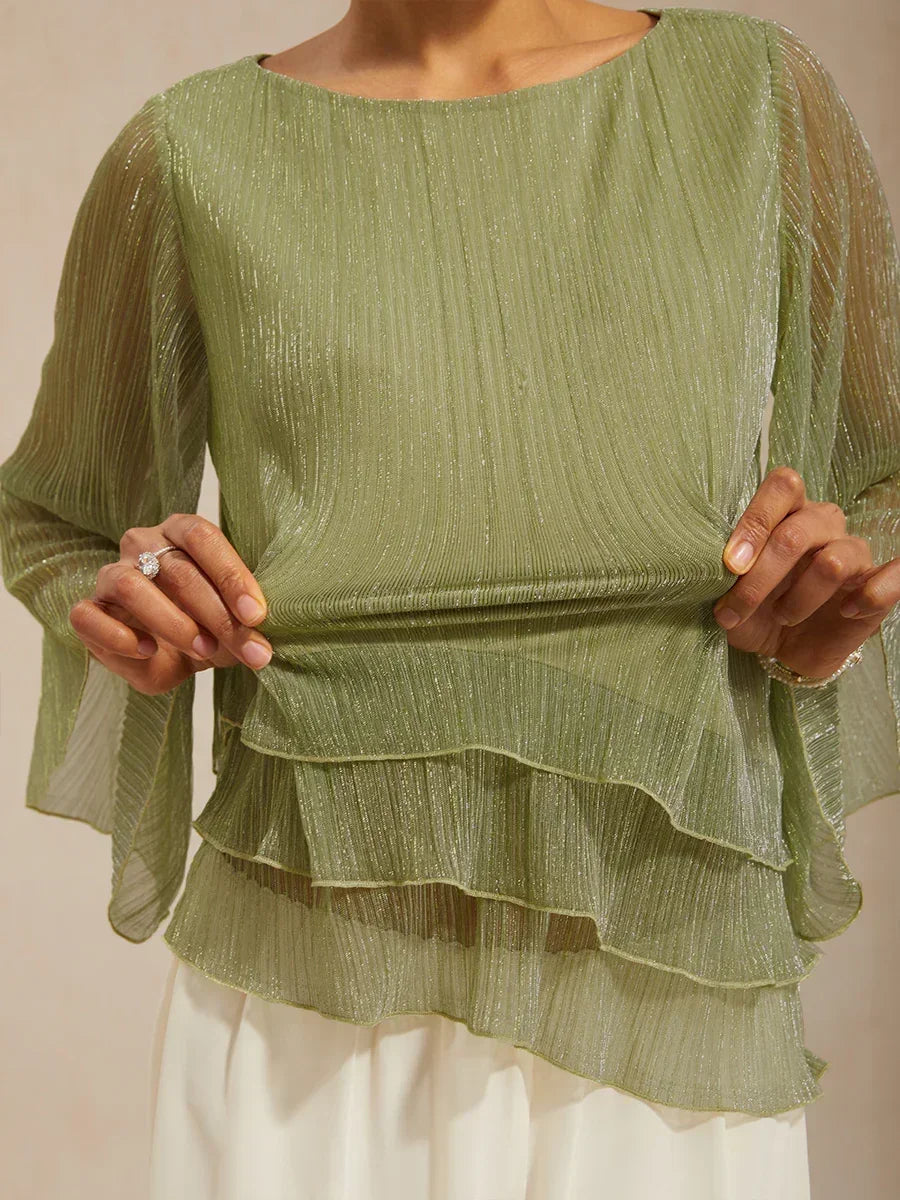 Chiffon Asymmetrical Layered Blouse And Pant Suits