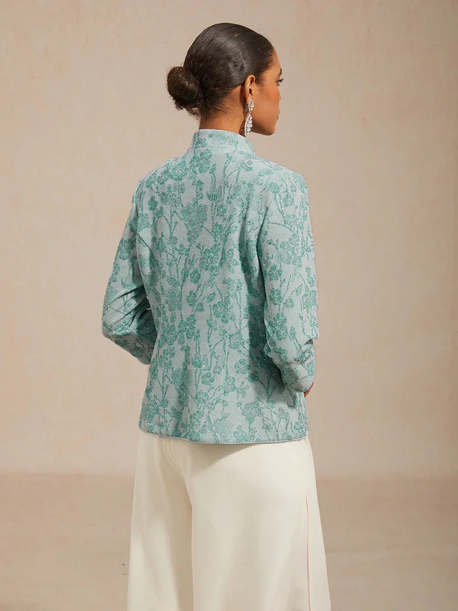 Elegant Mandarin Collar Twinset with Rhinestone-Embellished Zebra Print