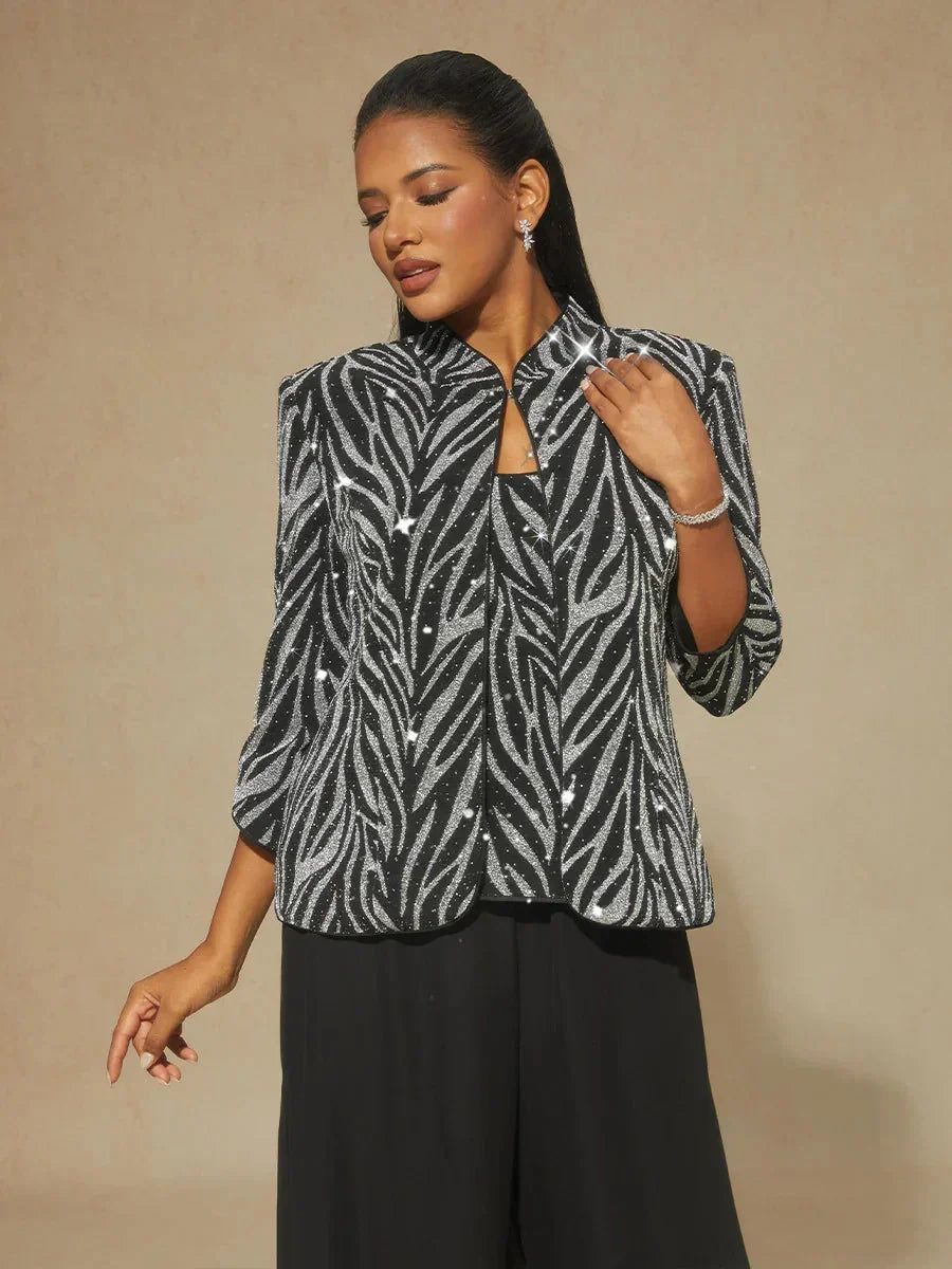 Elegant Mandarin Collar Twinset with Rhinestone-Embellished Zebra Print