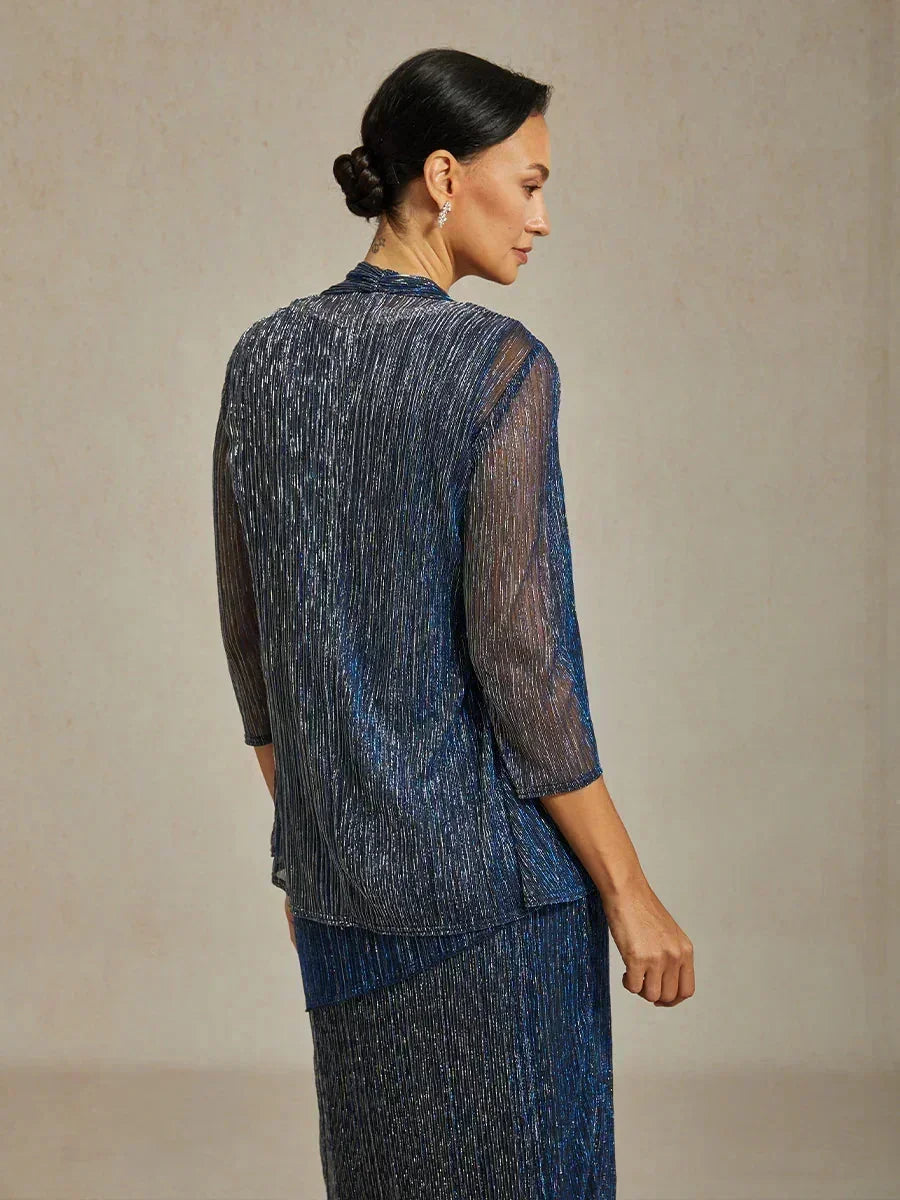 Metallic Pleated Chiffon Long Jacket with Layered Design