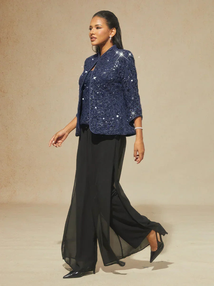 Paisley Lace Twinset And Chiffon Pant 3 Piece Sets