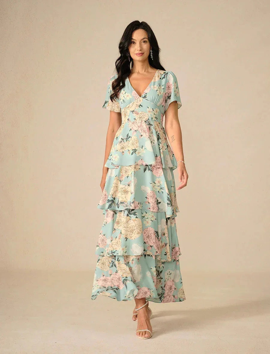 Tiered Floral High Waist Flutter Sleeve Ankle-Length Dress