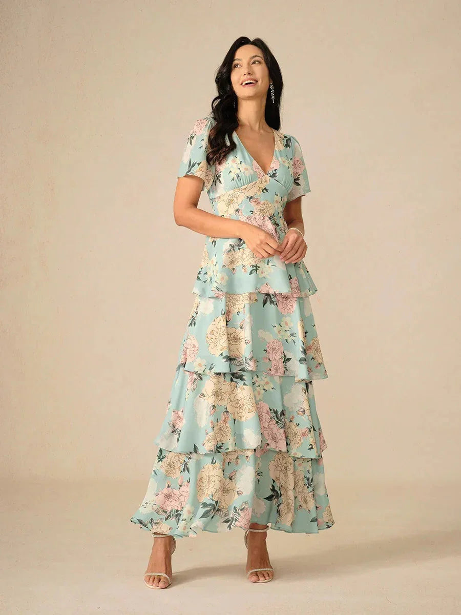Tiered Floral High Waist Flutter Sleeve Ankle-Length Dress