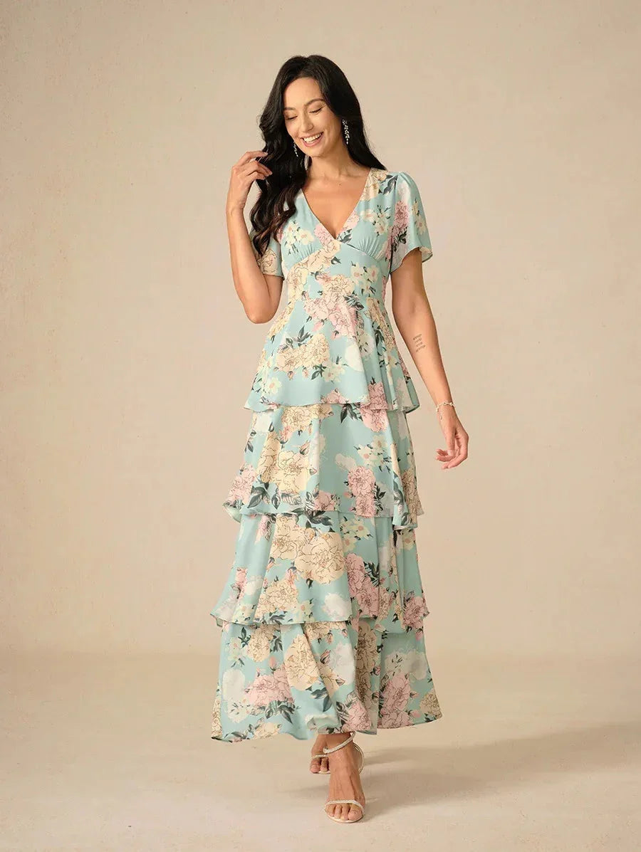 Tiered Floral High Waist Flutter Sleeve Ankle-Length Dress