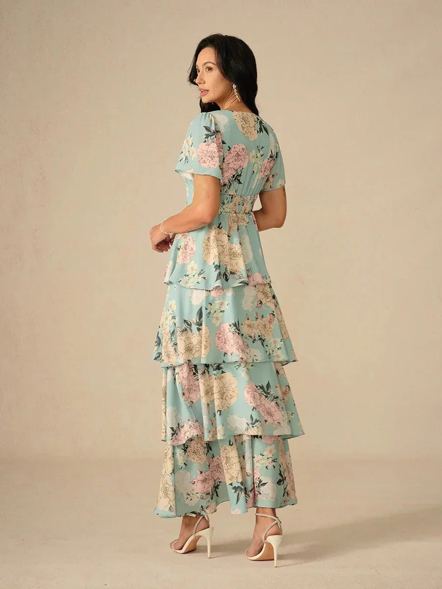 Tiered Floral High Waist Flutter Sleeve Ankle-Length Dress