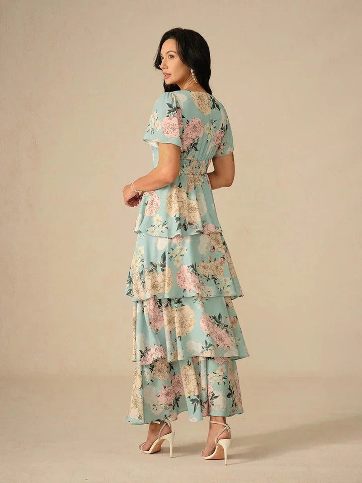 Tiered Floral High Waist Flutter Sleeve Ankle-Length Dress