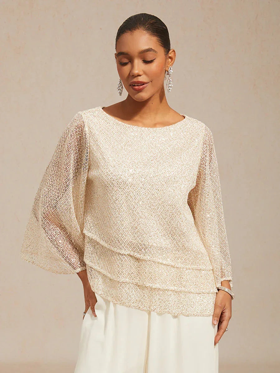 Mesh Sequin Layered Top Chiffon Pant Suits