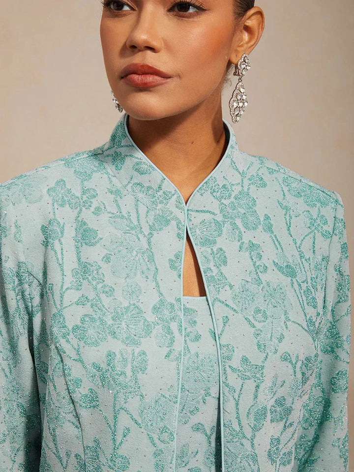 Elegant Mandarin Collar Twinset with Rhinestone-Embellished Zebra Print
