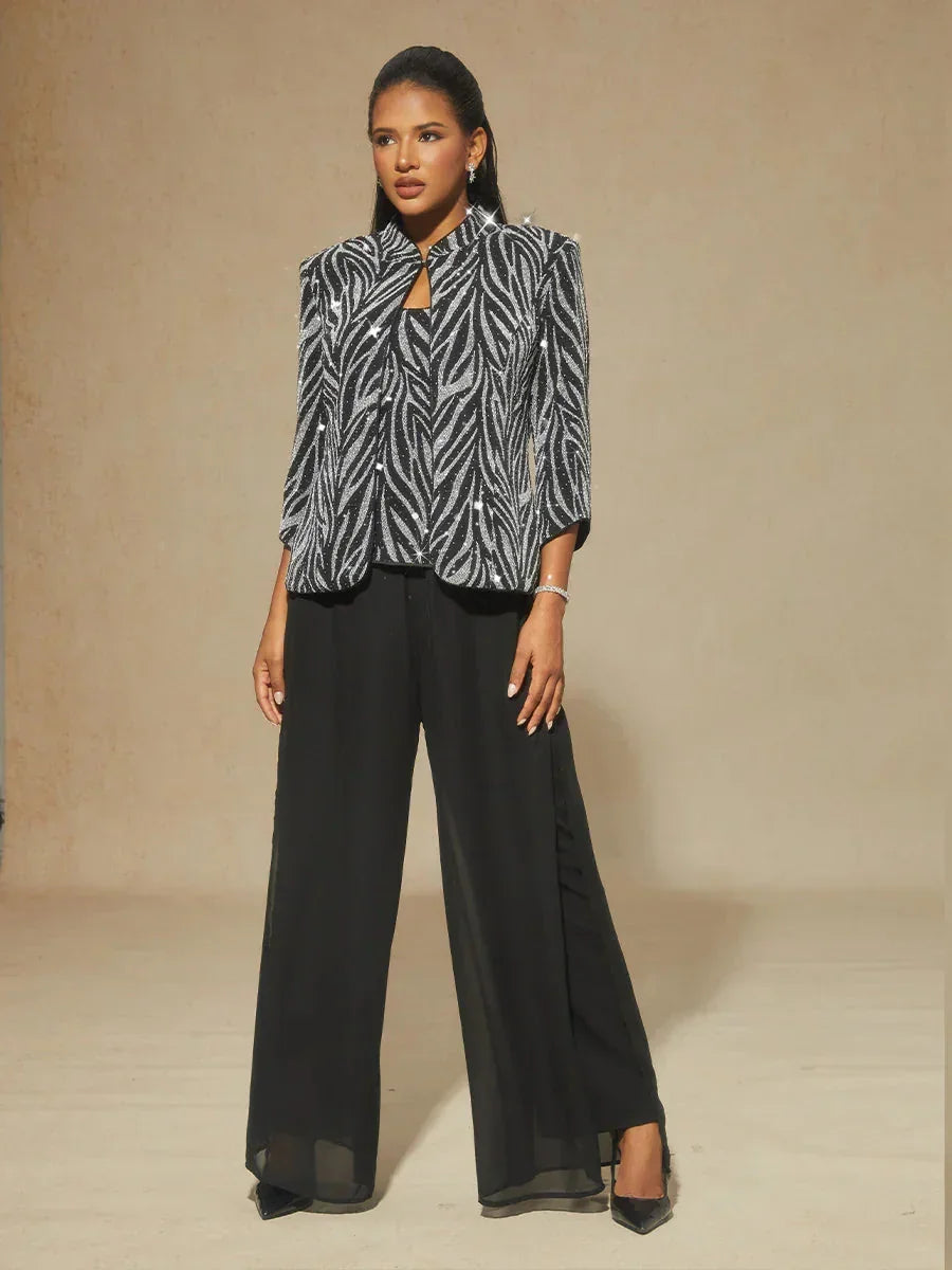 Elegant Mandarin Collar Twinset with Rhinestone-Embellished Zebra Print