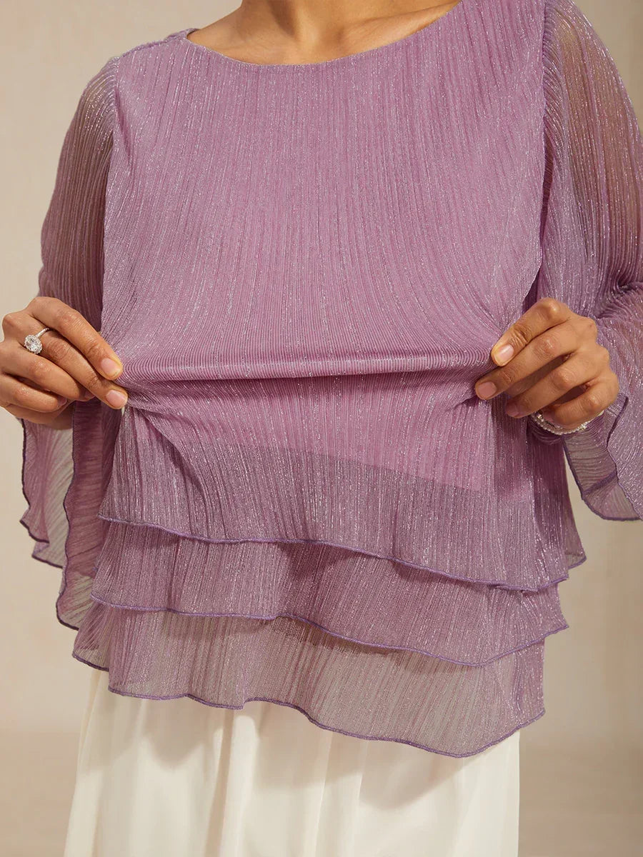 Chiffon Asymmetrical Layered Blouse And Pant Suits