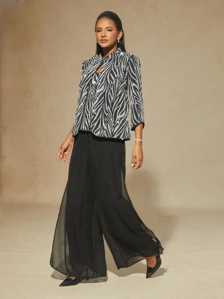 Mandarin Collar Zebra Twinset And Pants 3 Piece Sets