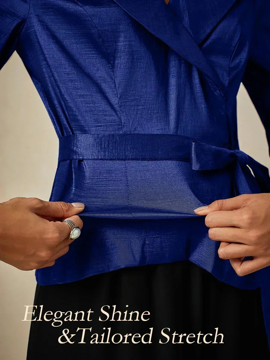 3/4 Sleeve Stretch Taffeta Blouse with Tie Waist Detail