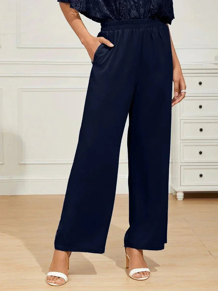 Mid-Rise Elastic Waist Wide-Leg Pants with Pockets