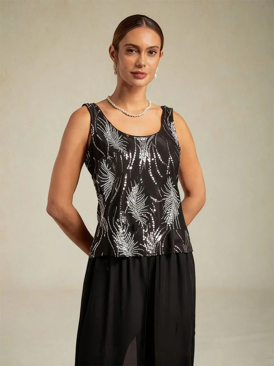 Elegant Mandarin Collar Sequin Twinset