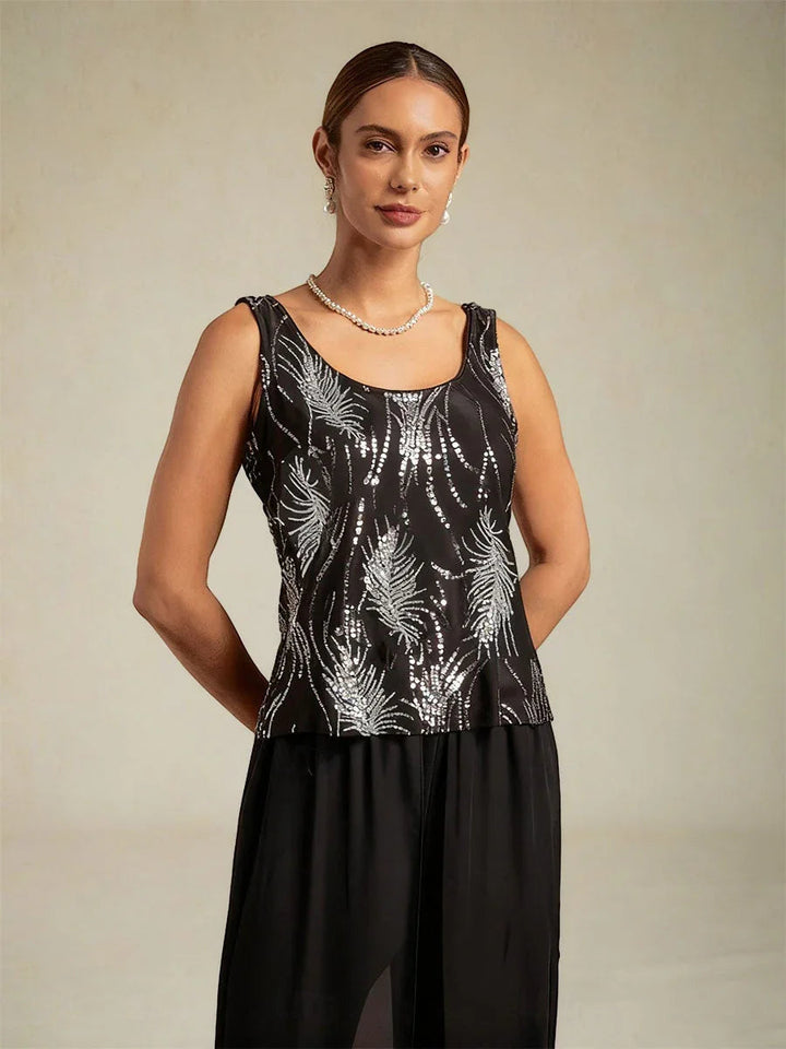 Elegant Mandarin Collar Sequin Twinset