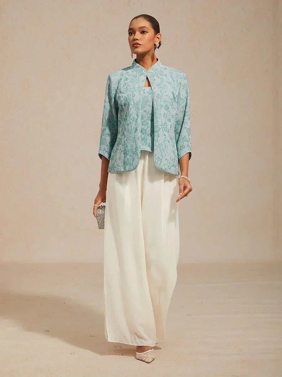Elegant Mandarin Collar Twinset with Rhinestone-Embellished Zebra Print