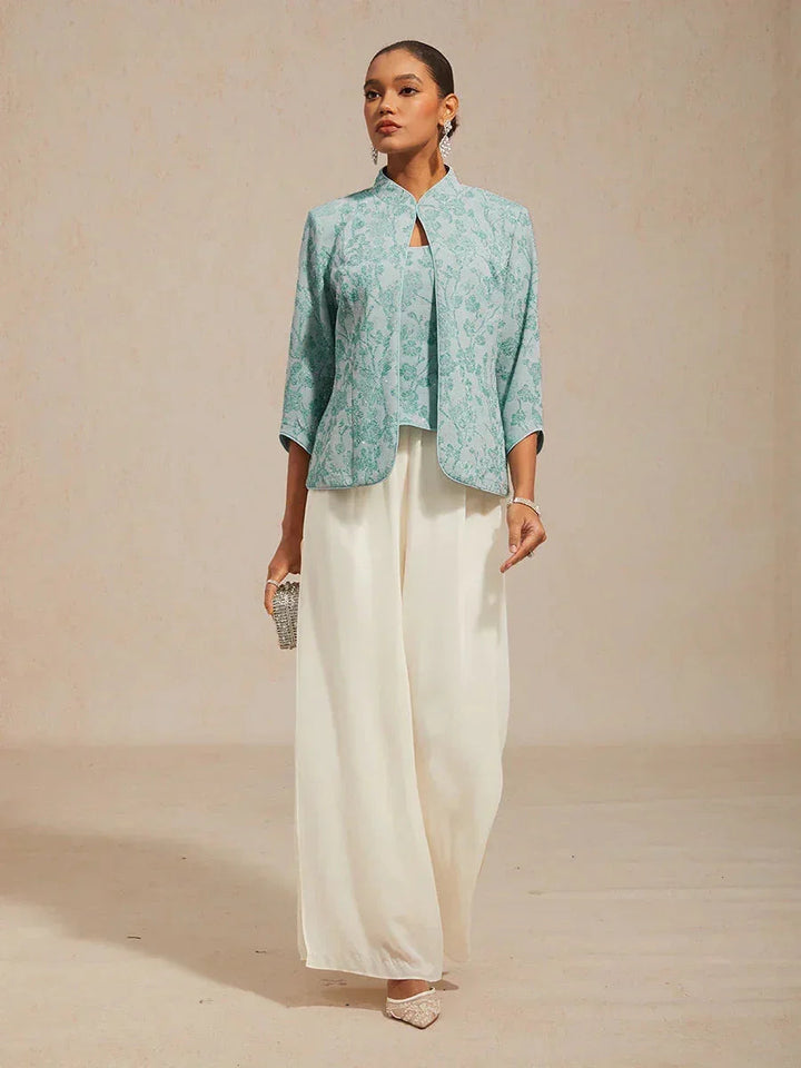 Elegant Mandarin Collar Twinset with Rhinestone-Embellished Zebra Print