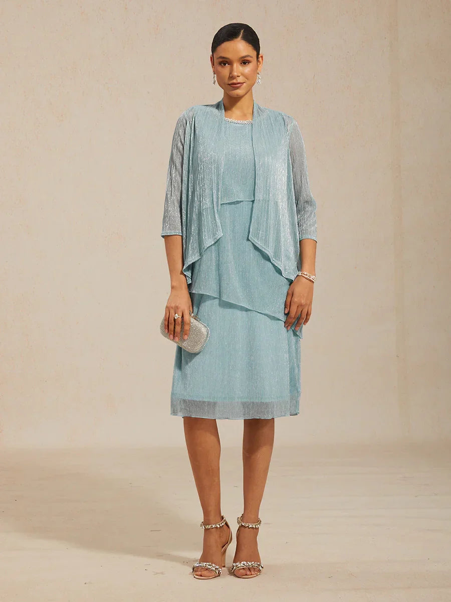 Metallic Pleated Chiffon Long Jacket Dress