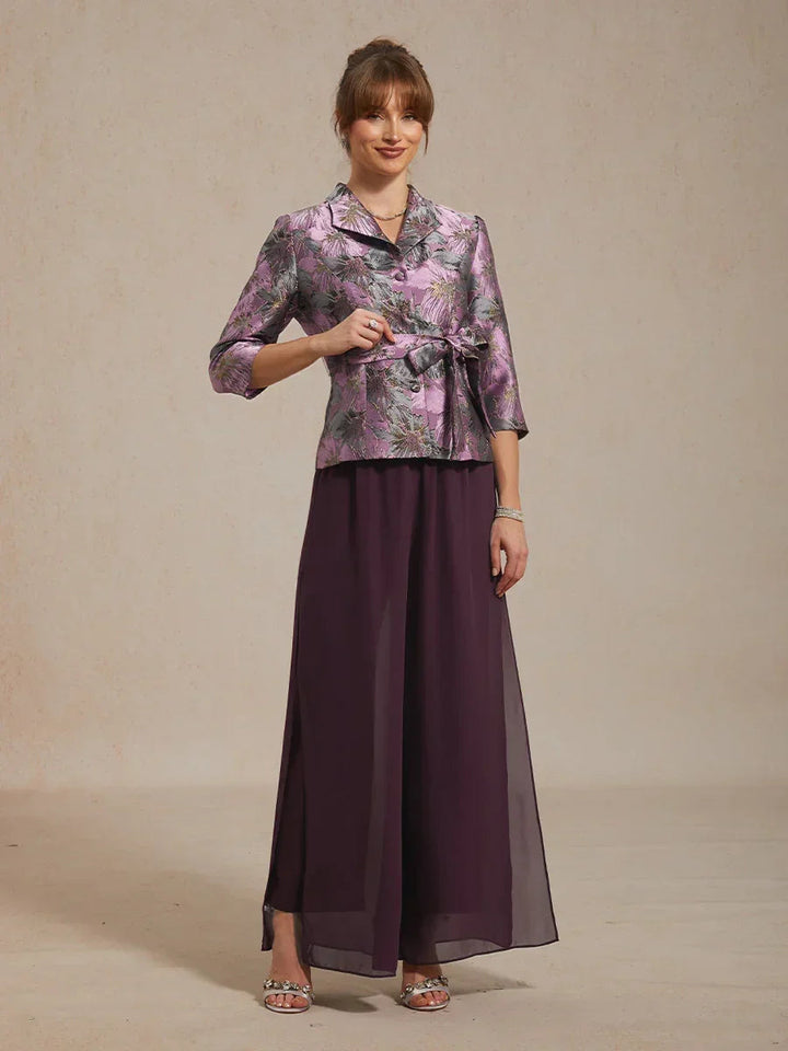 Floral Jacquard Blouse And Chiffon Pant Suits