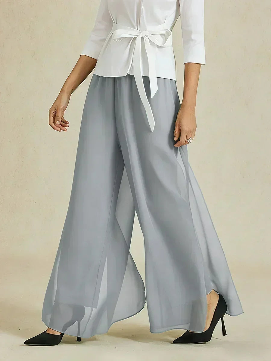 Rechte broek met chiffon split been overlay