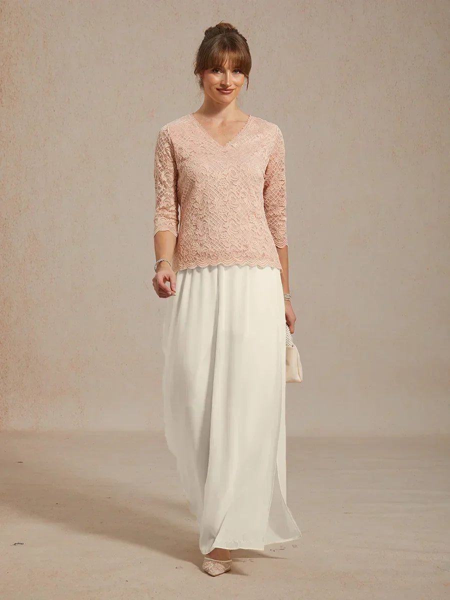 V-Neck Stretch Lace Top And Chiffon Pant Suits