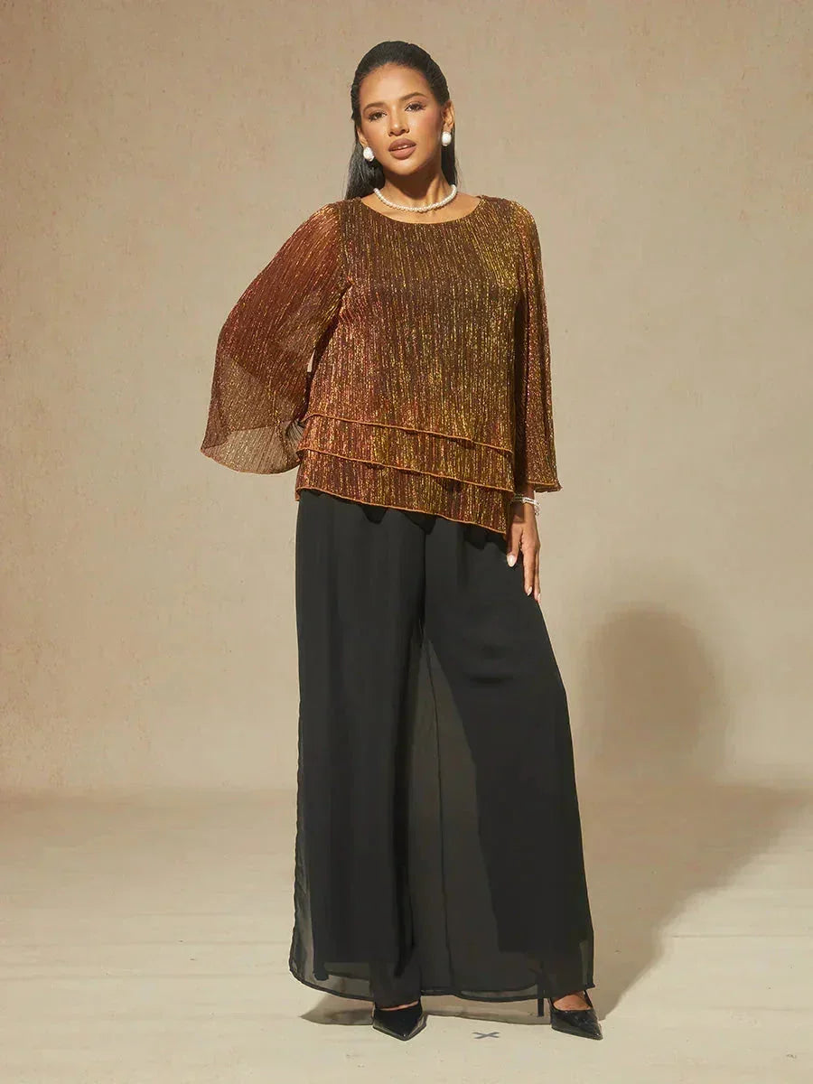 Chiffon Asymmetrical Layered Blouse And Pant Suits