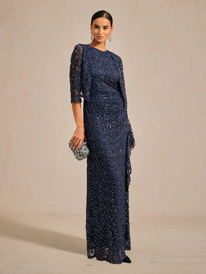 Lace Sequin Maxi Dress with Ruffle Detail