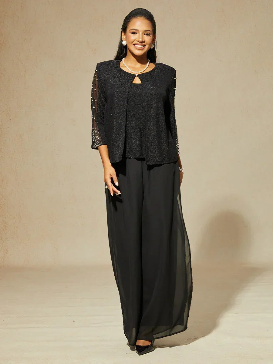 Beaded 3/4 Sleeve Metallic Knit Blouse And Pant Suits