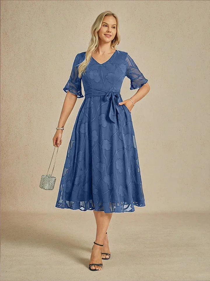 Ruffle Flutter Lace Midi Dress with Pockets
