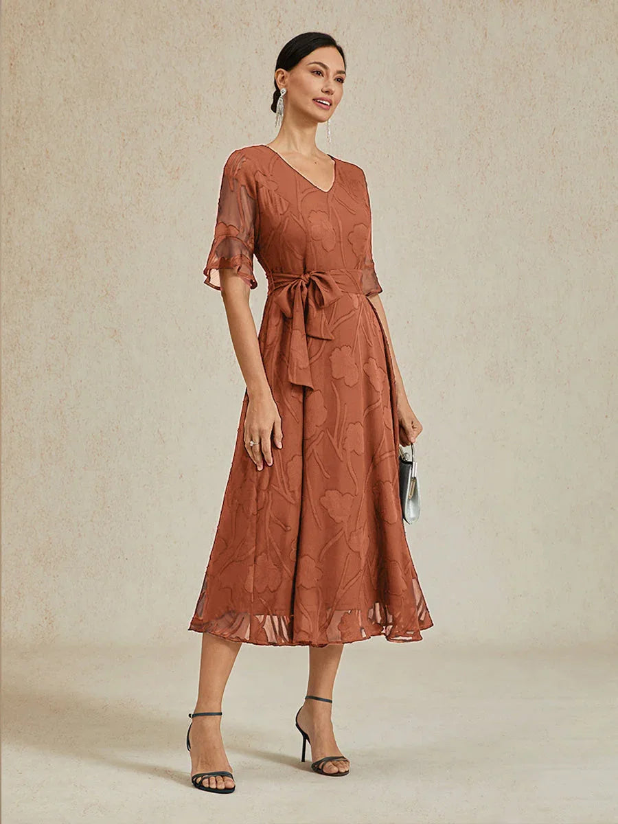 Ruffle Flutter Lace Midi Dress with Pockets