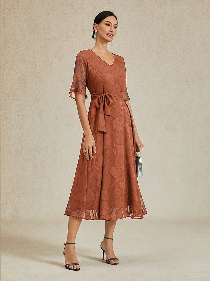 Ruffle Flutter Lace Midi Dress with Pockets