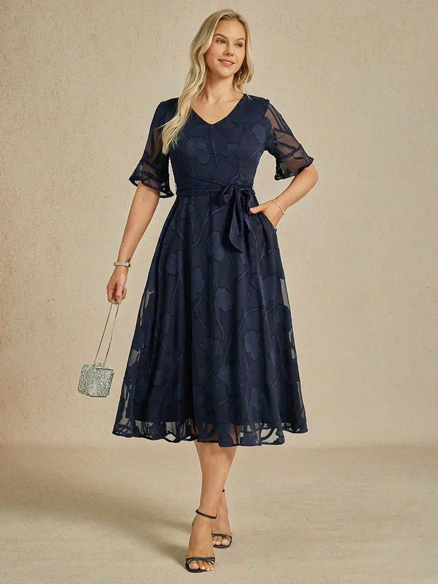 Ruffle Flutter Lace Midi Dress with Pockets