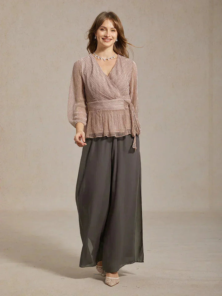 Metallic Pleated Chiffon Evening Wrap Top