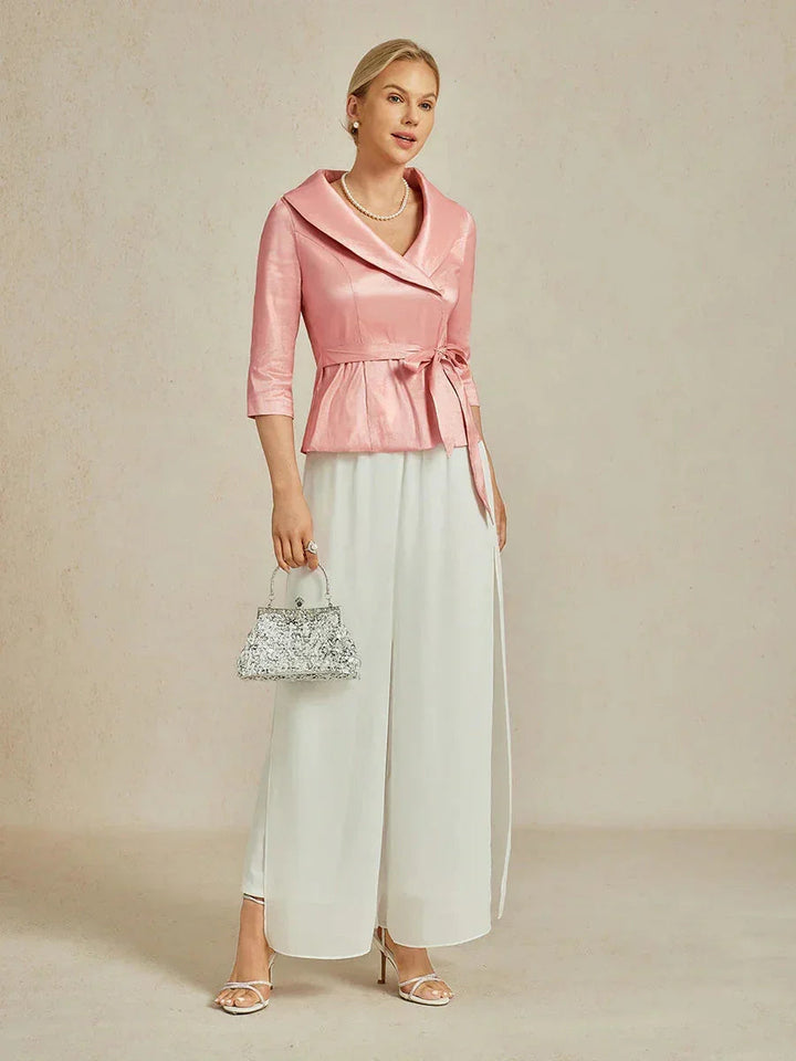 3/4 Sleeve Stretch Taffeta Blouse with Tie Waist Detail