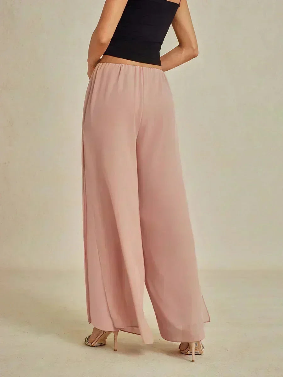 Rechte broek met chiffon split been overlay
