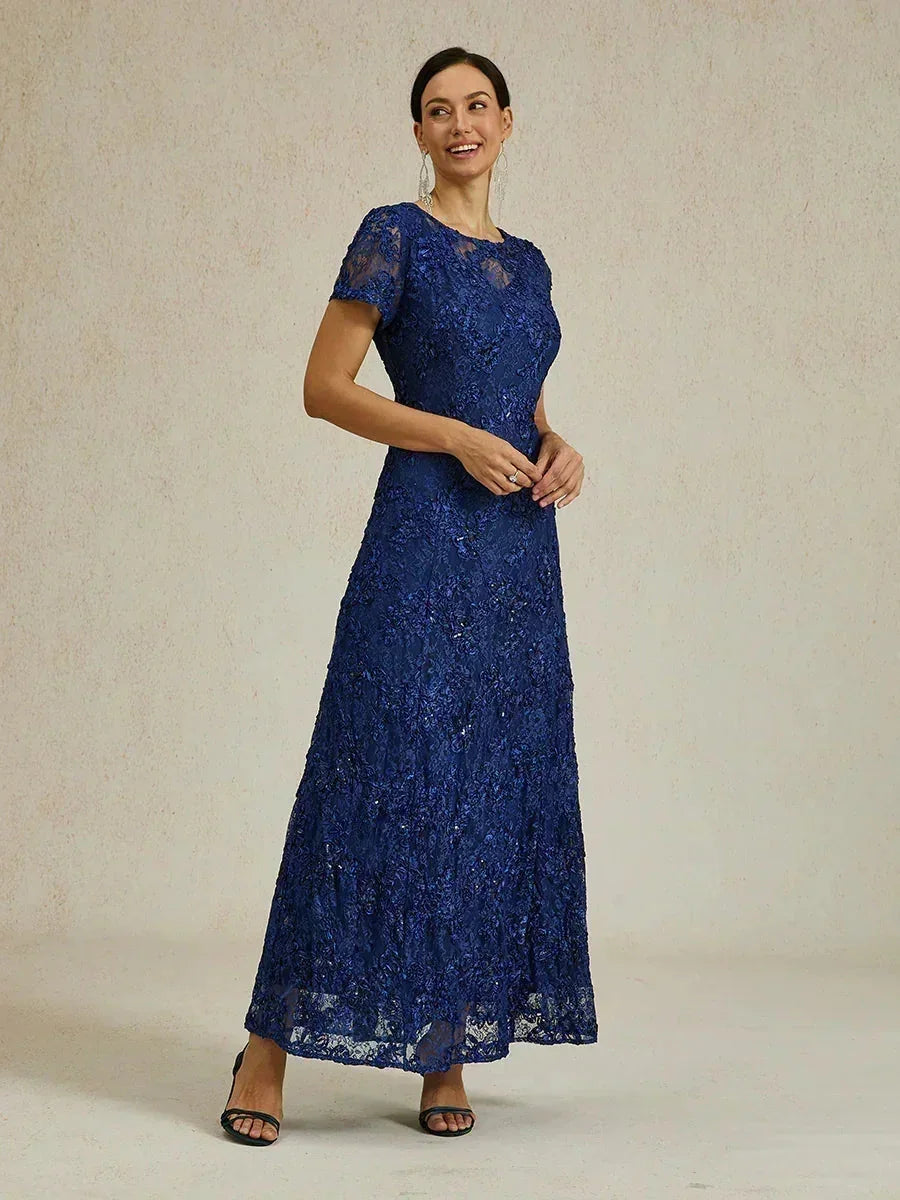 Rosette Lace A-Line Gown with Sequin Embellishment
