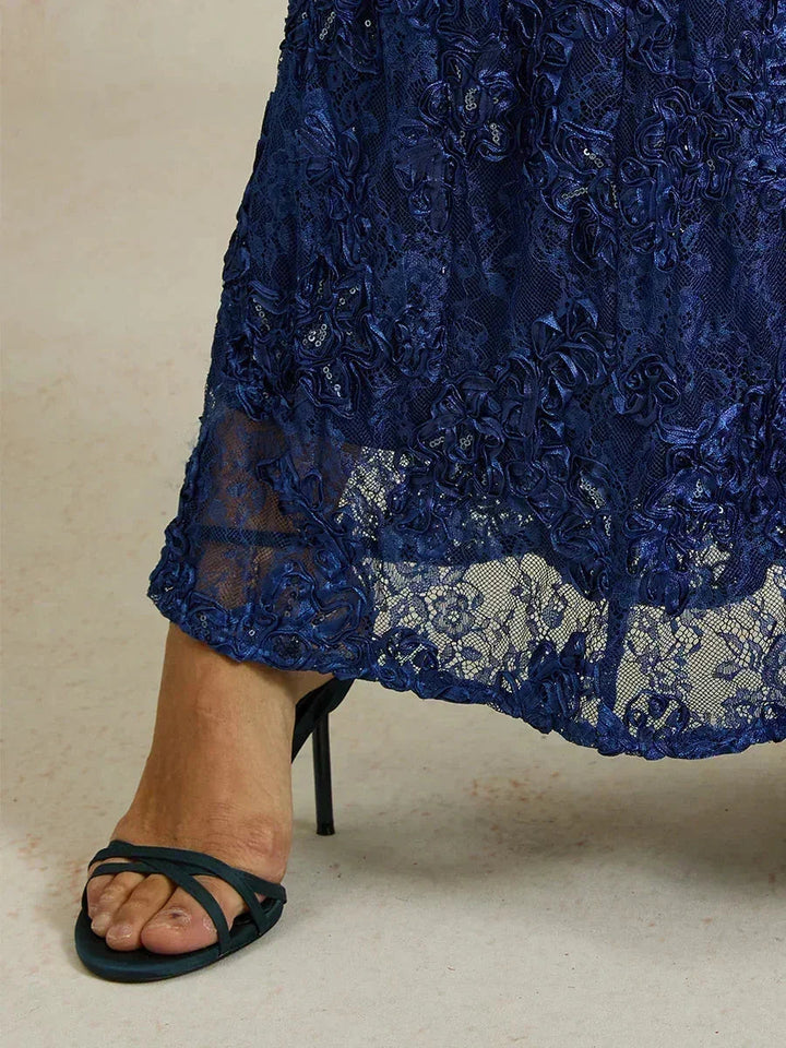 Rosette Lace A-Line Gown with Sequin Embellishment