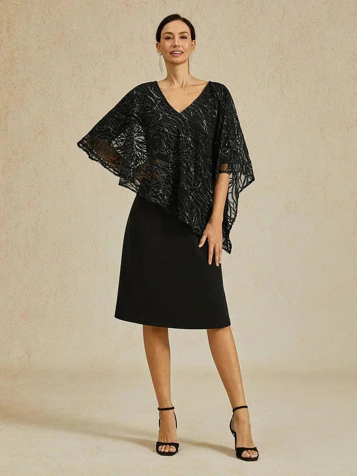 Sequin Knee Length V Neck Overlay Dress