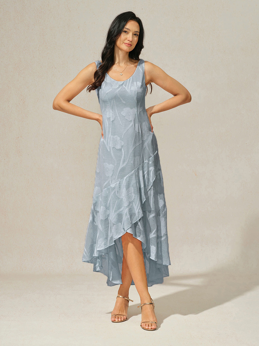 Floral Chiffon Sleeveless Evening Gown with Asymmetrical Hem