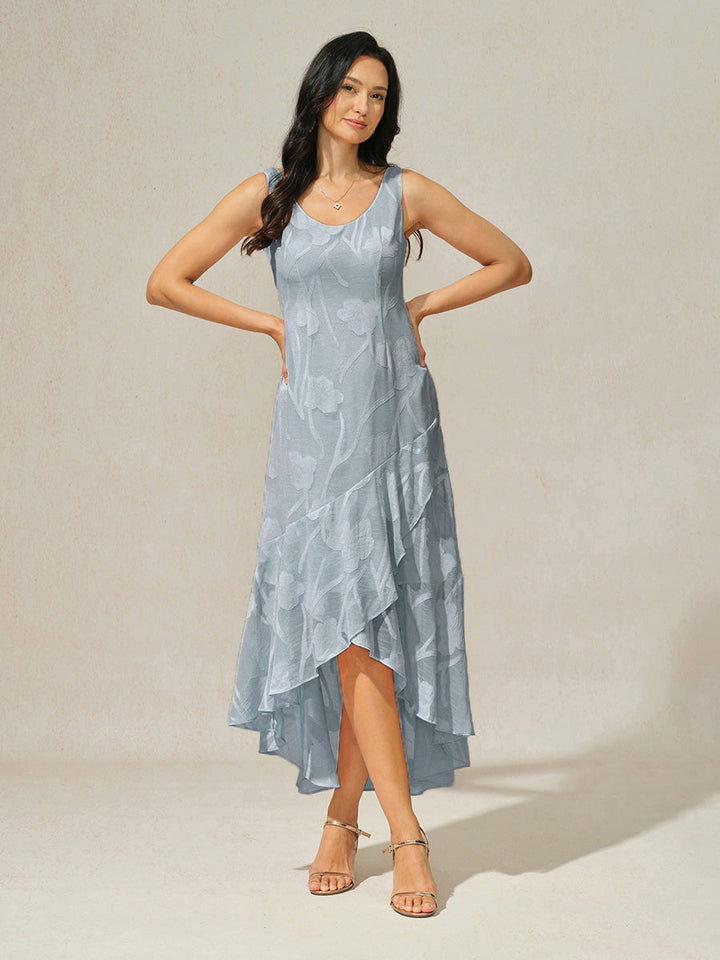 Floral Chiffon Sleeveless Evening Gown with Asymmetrical Hem