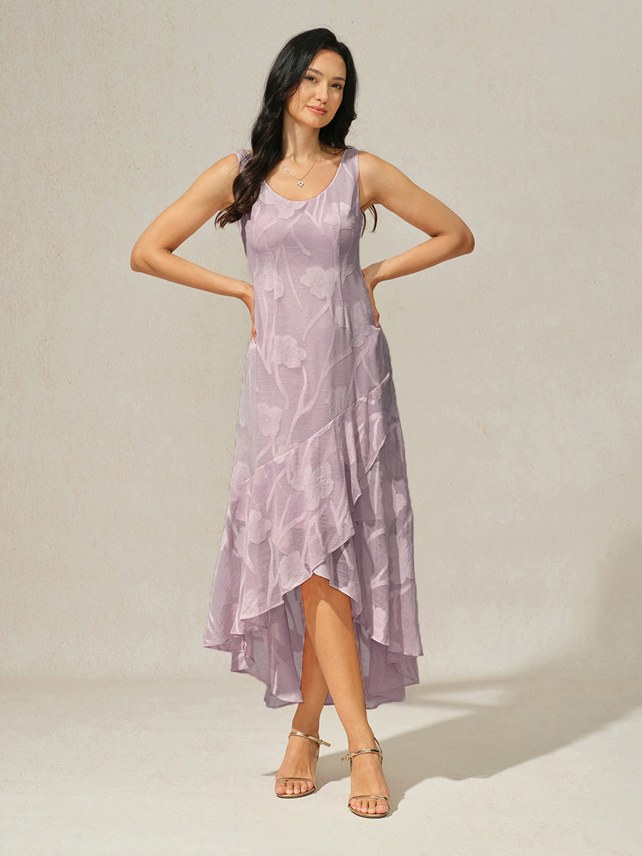 Floral Chiffon Sleeveless Evening Gown with Asymmetrical Hem