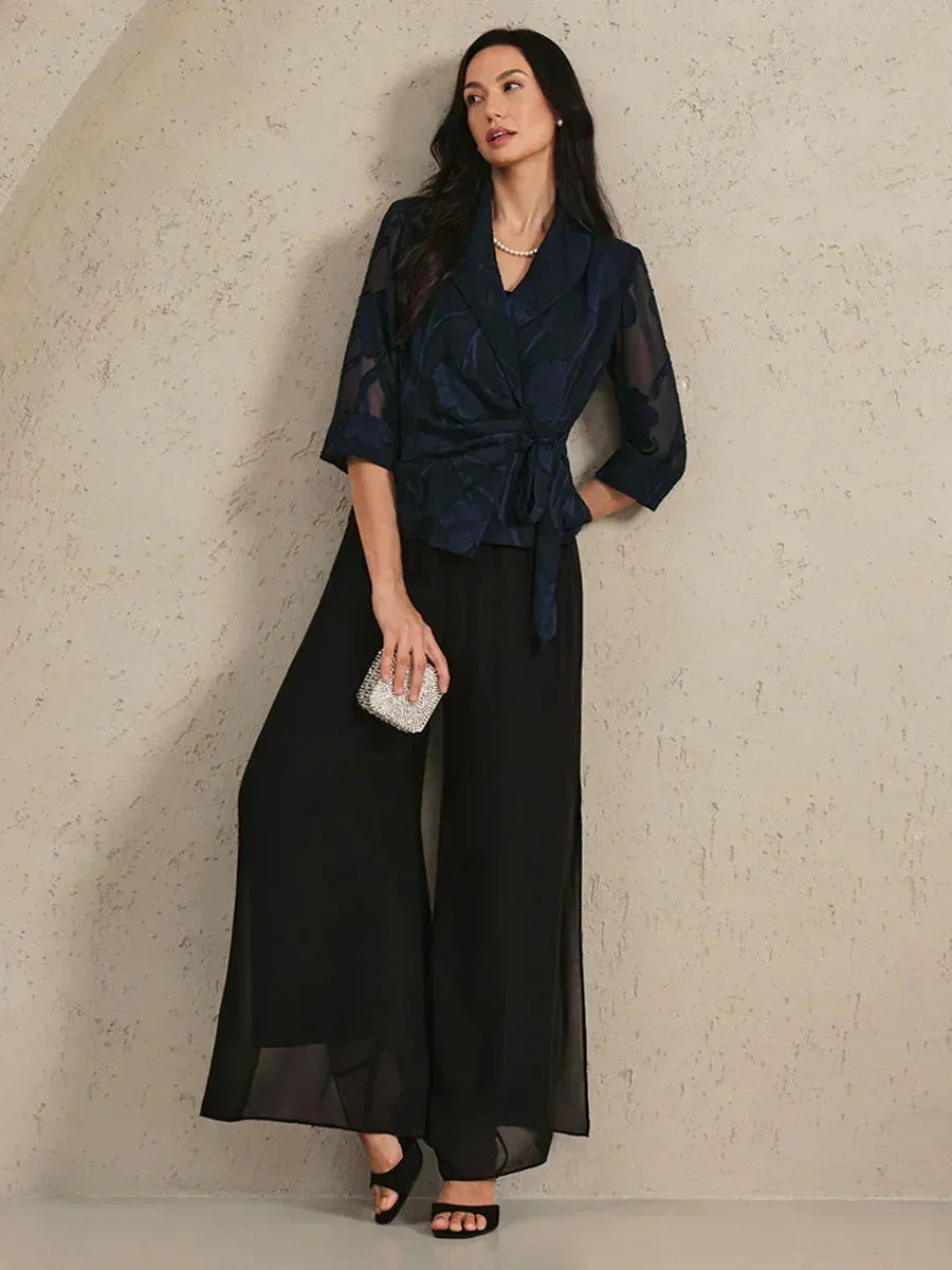 Elegant Floral Chiffon Blouse and Pant Suits