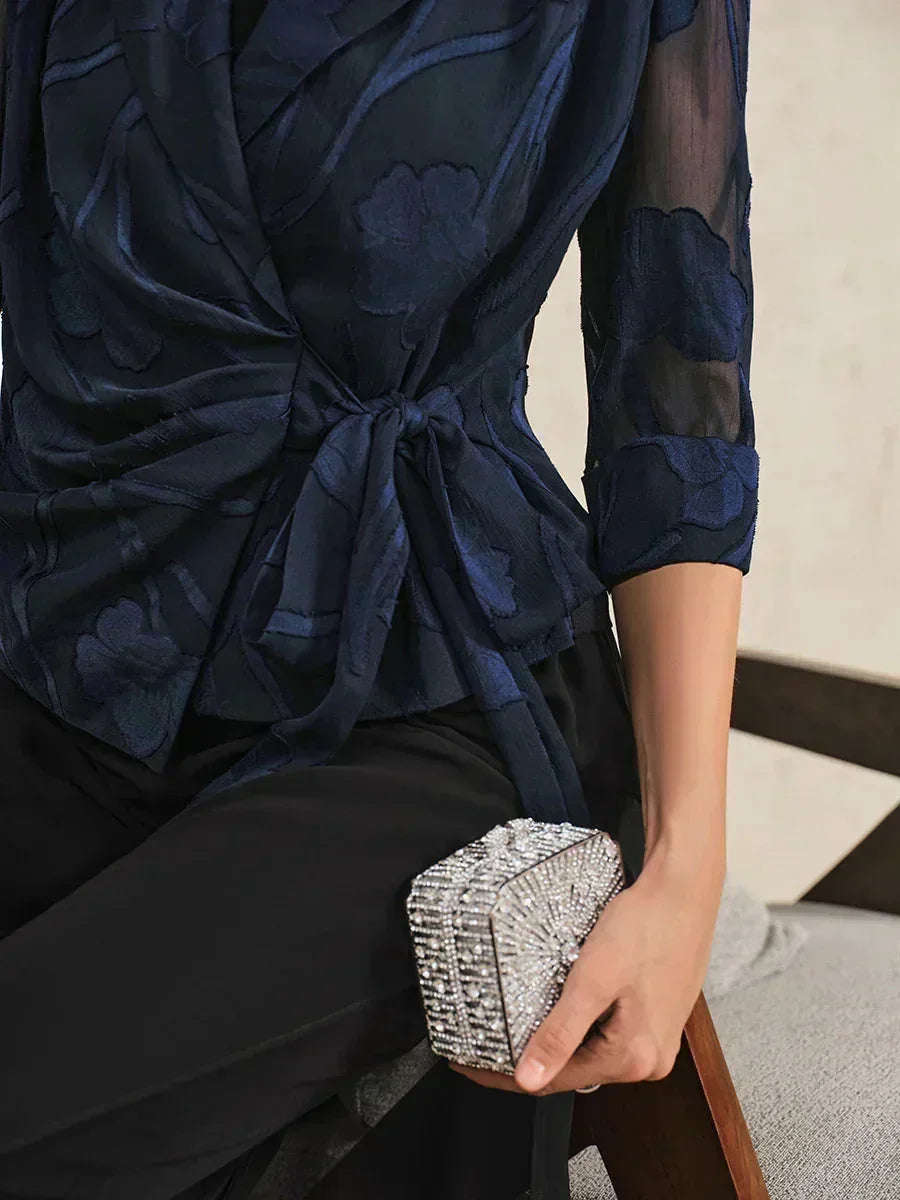 Elegant Floral Chiffon Blouse and Pant Suits