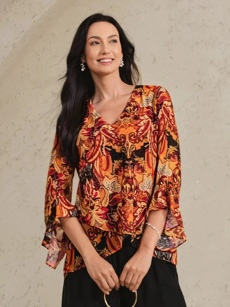 Boho Chiffon Ruffle Sleeve Blouse And Pant Suits