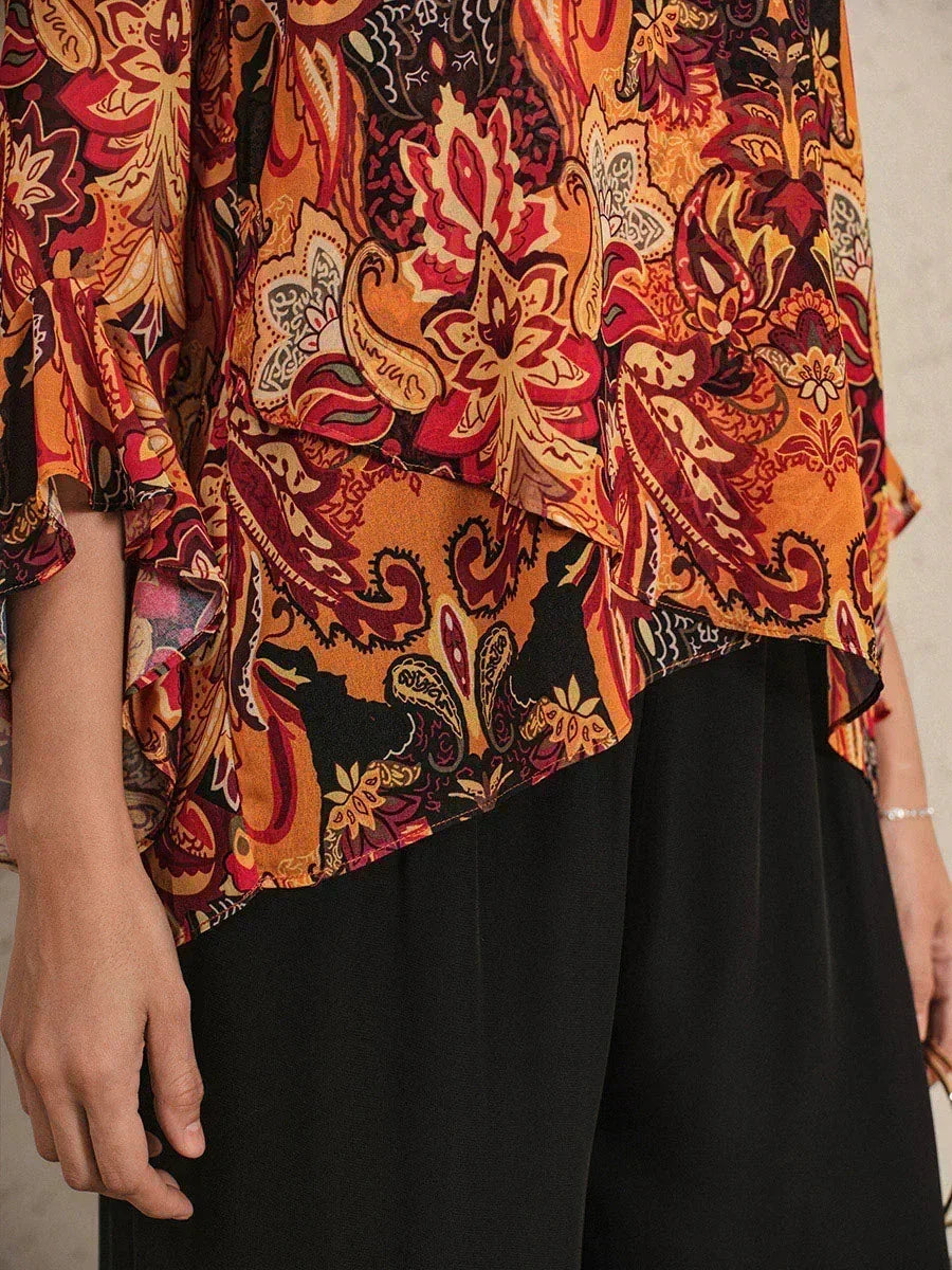 Boho Chiffon Ruffle Sleeve Blouse And Pant Suits